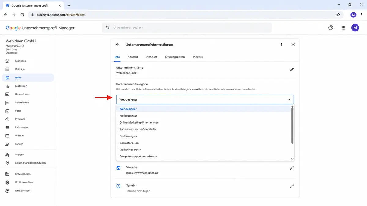 Screenshot der Kategorie-Auswahl im Google-Unternehmensprofil (Platzhalter)